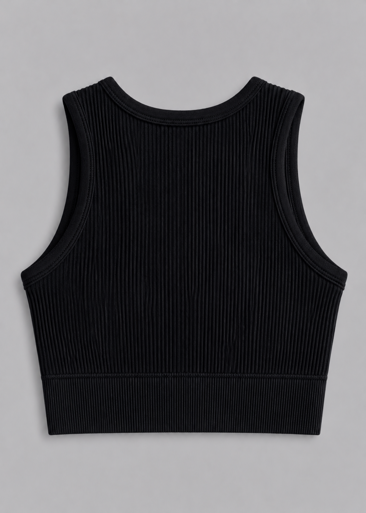 A black sleeveless ribbed crop top shown from the back, featuring a crew neck and a wide ribbed hem, photographed on a neutral gray background.