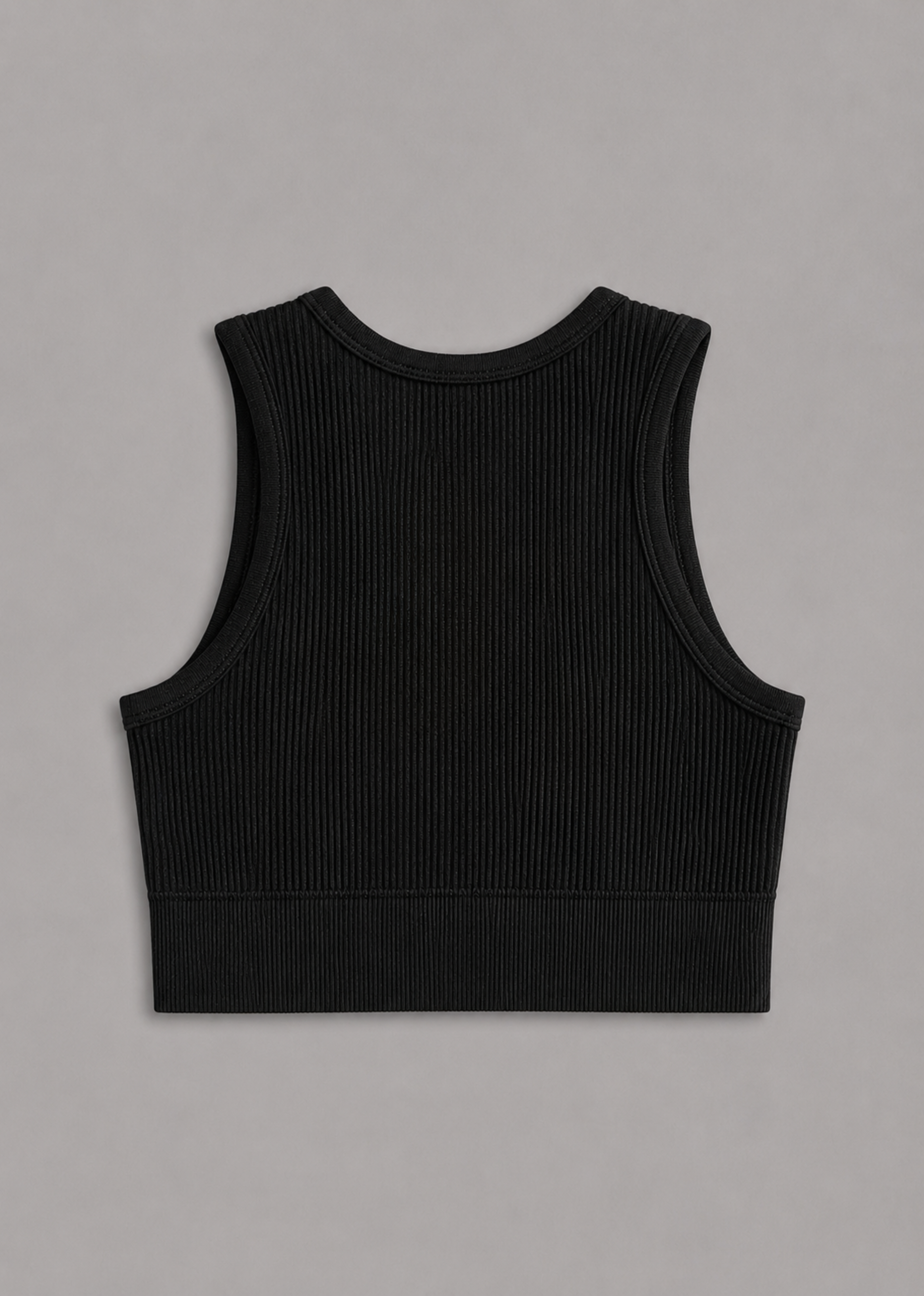 A black ribbed knit sleeveless crop top shown from the back, laid flat on a neutral gray background.