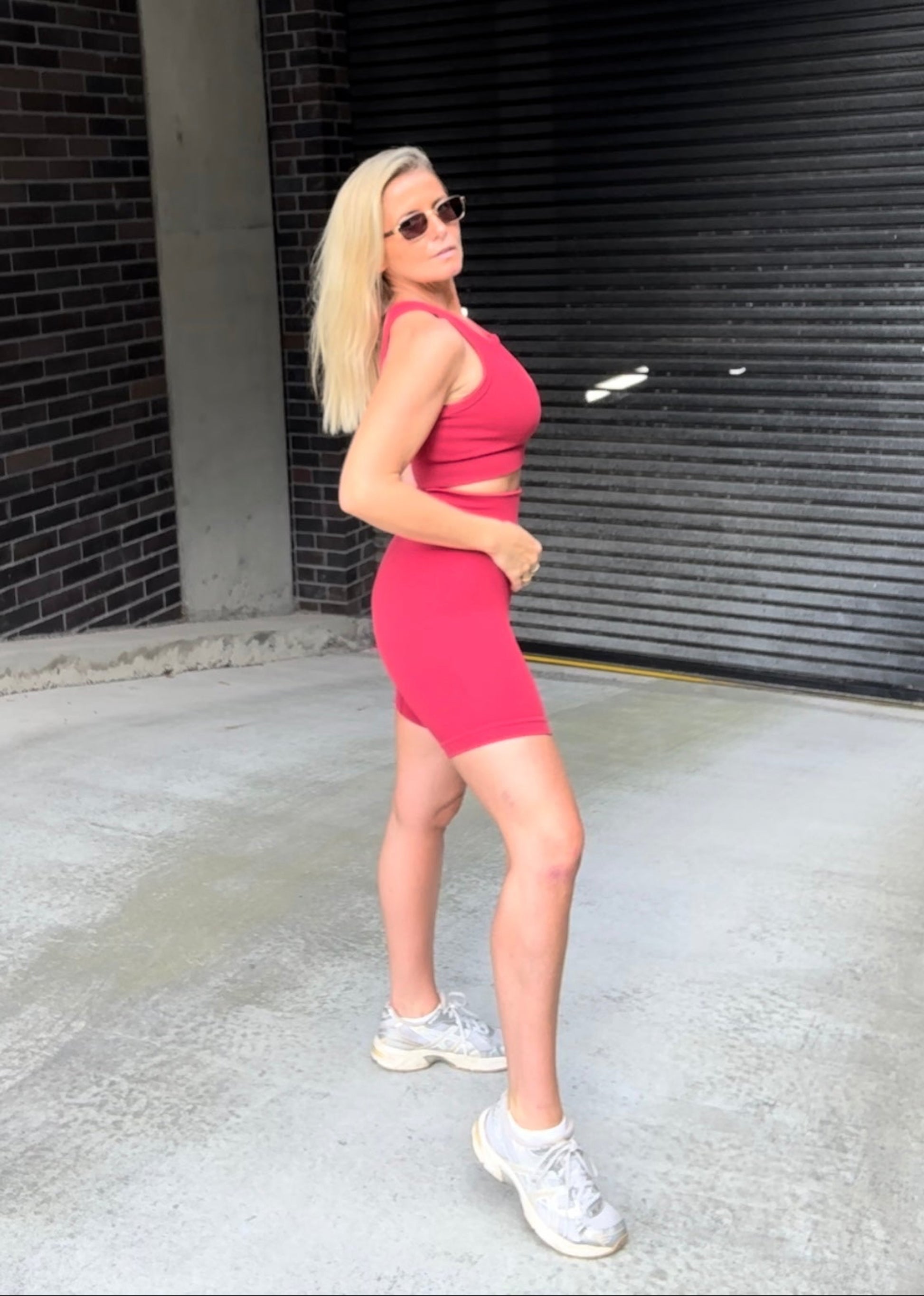 Amber Maxwell Gigi shorts in red ribbed fabric front view
