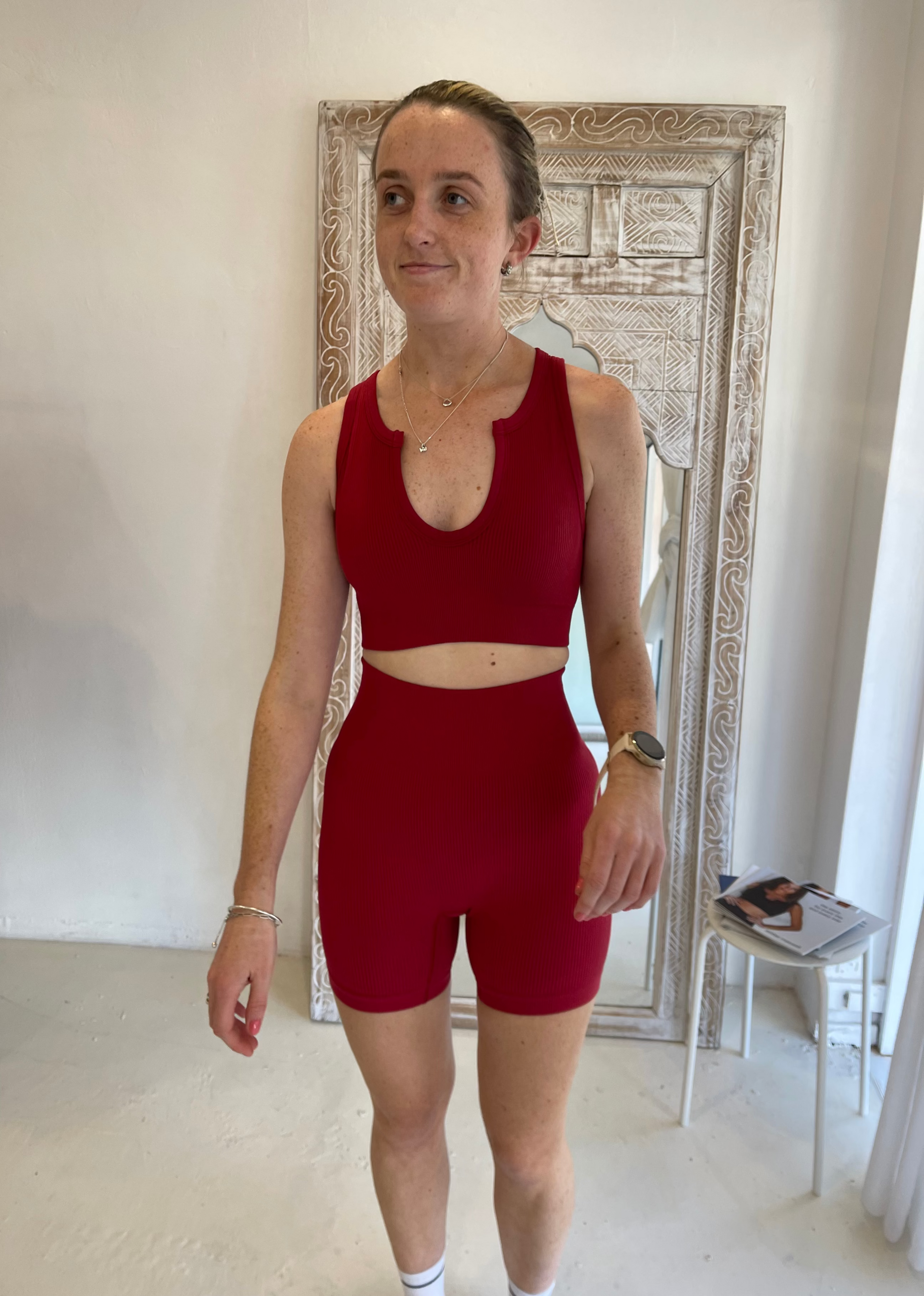 Amber Maxwell Gigi shorts in red ribbed fabric front view